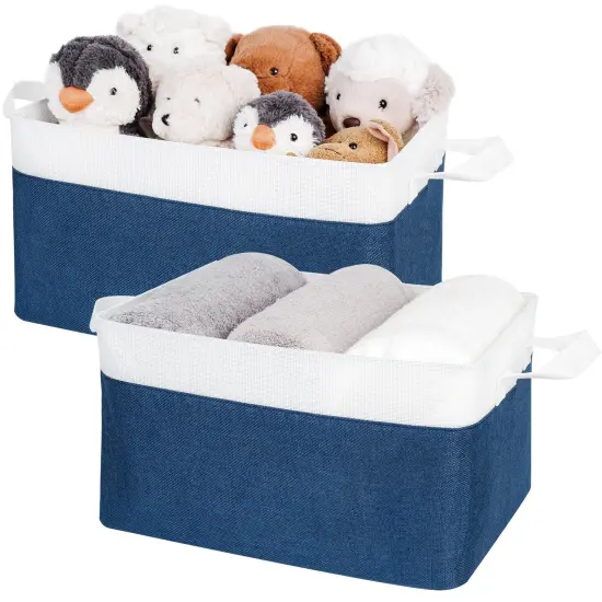 2 Pieces Closet Storage Bins with Handles, Fabric Containers for Organizing, Toys Organizer for Nursery, Storage Baskets for Clothes, Folding Storage Box, Large, Blue&White, {2}