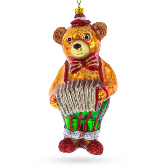 Bear Playing on Accordion Glass Christmas Ornament {1}