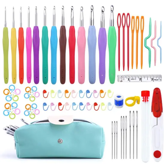 77 Pieces Crochet Hook Set, Aluminum Ergonomic Crochet Hooks with Knitting Needles, Large Eye Blunt Needles, Colorful Crochet Needles, Plastic Stitch Markers, and Case {2}
