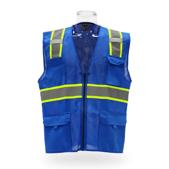 Multi Pocket High Visibility Reflective Safety Vest with Zipper Front 100% Polyester Royal {1}