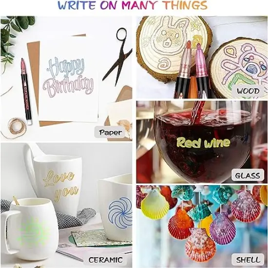 12 Pieces Metallic Double Line Outline Markers Glitter Pen Set for Rock Painting, Glass, Mug, Wood, Fabric, Canvas, DIY Craft with Fine Medium Tip {3}