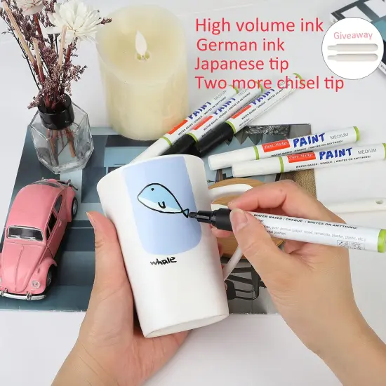 Acrylic Paint Pens Black &White, Set of 6 Medium Point Water Based Paint Marker for Rock Painting, Ceramic, Metal, Glass, Wood, Fabric DIY Craft Projects Water Resistant with 2 Replacement Nibs {6}