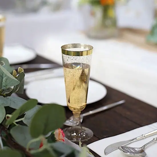 12 Clear 6 oz Glittered Plastic Champagne Glasses with Gold Trim for Events {3}