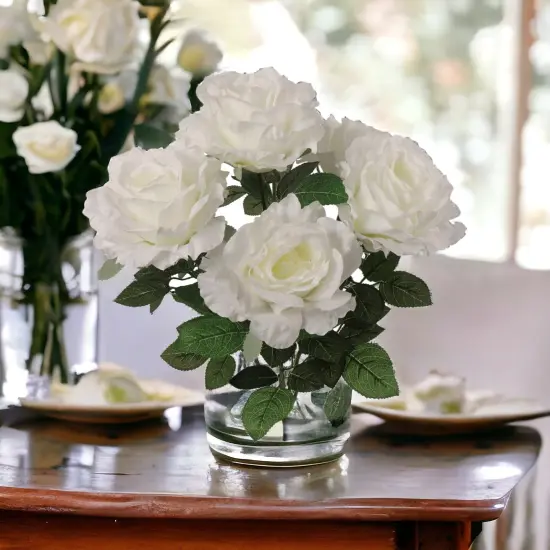 20" White Artificial Rose Bushes, Set of 6 - 7 Silk Flowers with Lush Foliage, Indoor/Outdoor Use, Perfect for Home, Weddings & Events - Year-Round Elegance, Floral Home by Artificial Flowers {5}