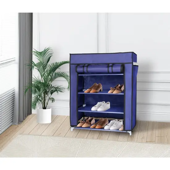 4 Tier Shoe Rack with Side Pocket Holds 24 Shoes Navy Blue {1}