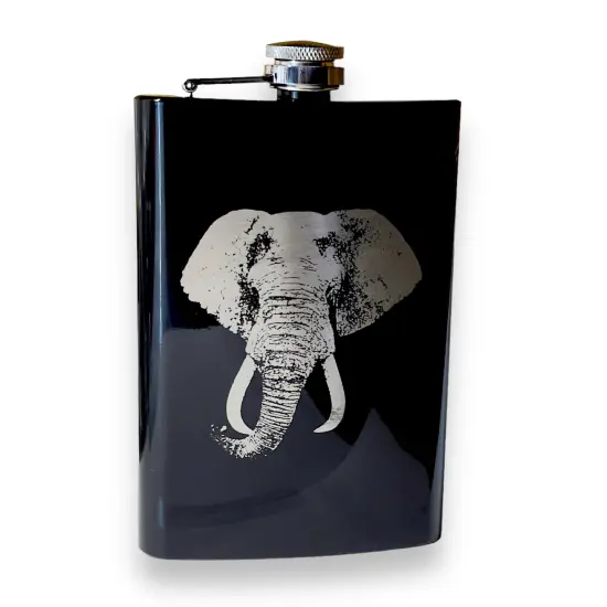 8oz BLACK Elephant Flask Laser Engraved V2 {1}