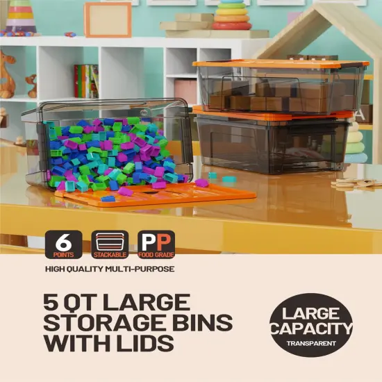 WYT 5-Quart Small Storage Container Bin with Orange Secure Lid and Black Clear Latch Buckles, Durable Plastic Stackable Nestable Organizin, 6-Pack {3}