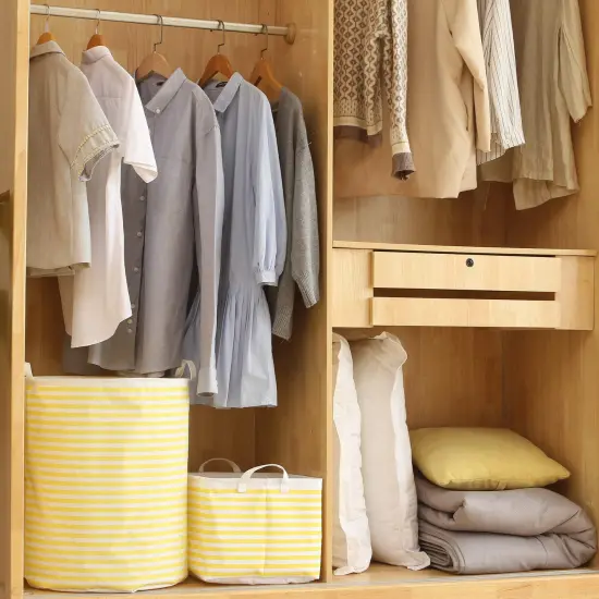 Sea Team Collapsible Canvas Fabric Storage Basket with Handles, Rectangle Waterproof Storage Bin, Box, Cube, Foldable Shelf Basket, Closet Organizer, 16.5 x 11.8 x 9.8 Inches, Yellow Stripe {5}