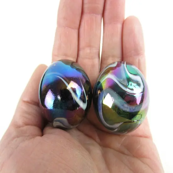 2 Boulders35mm MILKY WAY Marbles glass ball oil slick large huge Swirl {3}