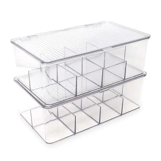 Divided Clear Plastic Organizer (10.75” x 6.5” x 3.7”) w/Hinged Lid, Stackable Storage Box for Tea Bags, Crafts, Office Supplies, Cosmetics, Jewelry, BPA-Free, Food Safe Pantry Container {1}