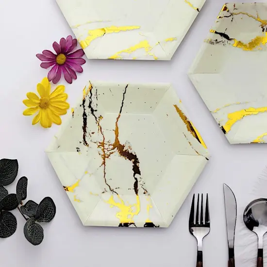 8.5 in Hexagon Marble Design Disposable Paper Salad Plates {5}