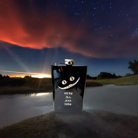 8oz BLACK We're All Mad Here Flask {4}