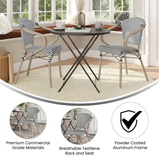 Merrick Lane Mael Set of Two Stacking Thonet Bistro Style Chair with Arms, Textilene Seat, and Bamboo Finished Metal Frame for Indoor/Outdoor Use Black/Natural Frame {10}