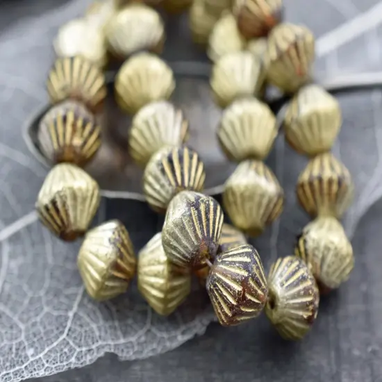 *15* 11mm Gold Washed Orange Amber Fluted Bicone Beads {1}