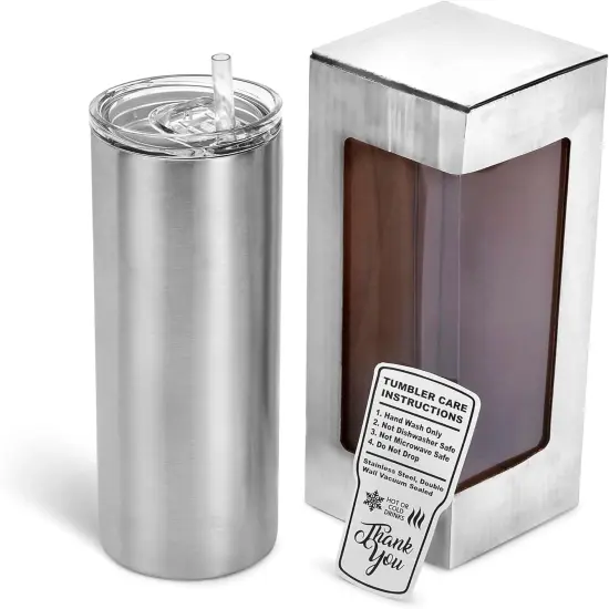 Makerflo 20 oz Skinny Stainless Steel Silver Tumbler with Lid & Straw | Craft-Ready for DIY Gifts & Personalization (Epoxy, UV DTF, Vinyl, and Laser Engraving) - Not for Sublimation {1}