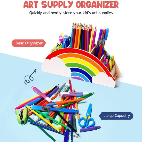 Wooden Pen Holder & Pencil Holders - Rainbow Supply Caddy Phone Holder Desk Organizer for Office Supplies Makeup Brush Classroom Organization for Women & Kids {4}