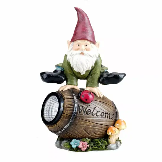Bo-Toys Solar Powered Gnome Jumping Over a Barrel with Ladybug LED Garden Light {1}