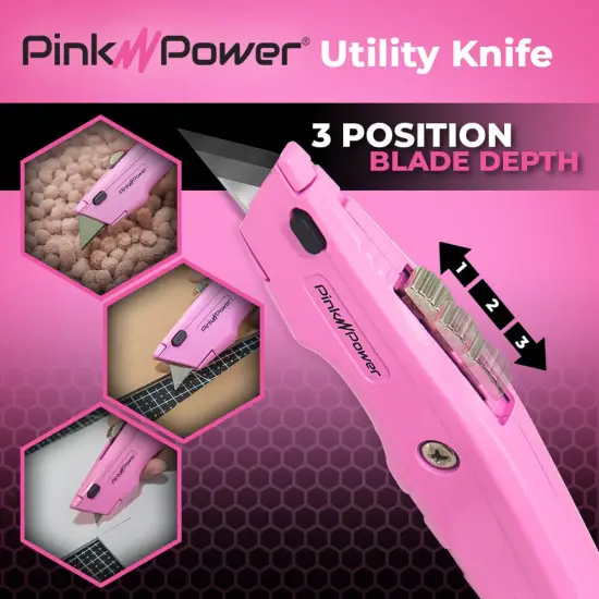 Pink Power Pink Box Cutter Retractable, Pink Utility Knife for Carpet, Box Cutter Knife Heavy Duty with 3 Blades and Storage Compartment - Box Opener Pocket Utility Pink Knife Tools for Women - 5 Pack {3}