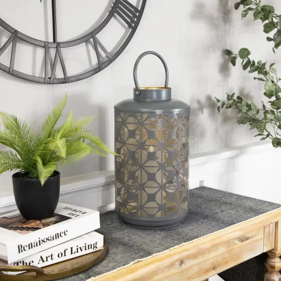 Northlight Laser-Cut Large Iron Candle Lantern with Handle - 15.25" - Gray and Gold {4}