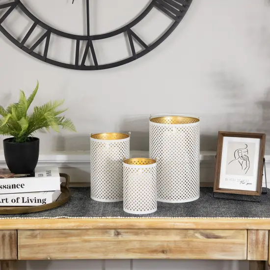 Northlight Laser-Cut Iron Candle Holders with Handles - 10" - White and Gold - Set of 3 {3}