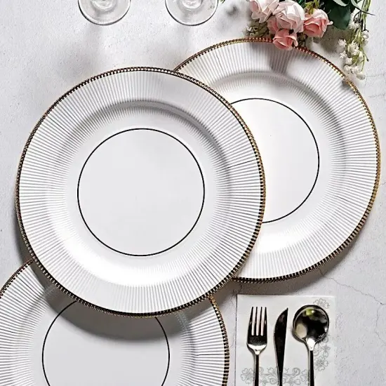 WHITE GOLD 25 Round 13" PAPER CHARGER PLATES Metallic Rim Party Events Tableware {3}