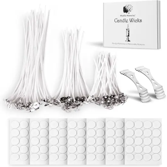 Candle Wicks 90 Pcs (4 Inch, 6 Inch, 8 Inch) with 2 Candle Wick Holders & 90 Wick Tab Stickers, Long Lasting Pre-Waxed & Tabbed Cotton Threads with No Black Smoke for Candle Making {1}