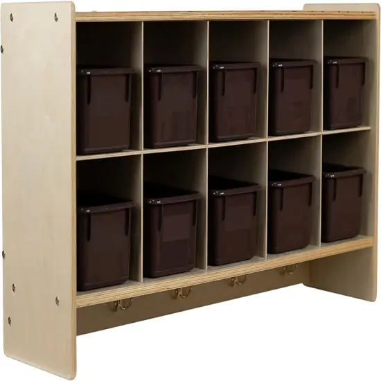 Cubby Storage Organizer Cubes, 10 Cubbies with Coat Hooks, Hanging Wall Cubby Shelf for Kids Toys, Daycare, Classroom, 47-Inch Width Brown {1}