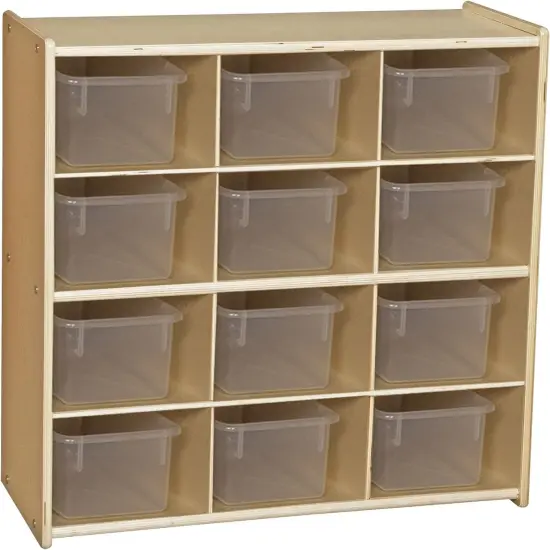 12-Cubby Storage Unit with Clear Tubs, 12 Compartment Storage Organizer in Birch Plywood, Natural {1}