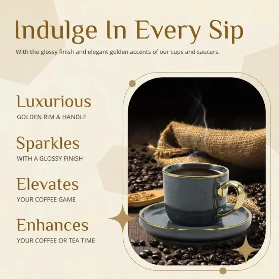 American Atelier Gold Rimmed Teacup and Saucer, Set of 4 | 7.6 Oz - Navy {4}