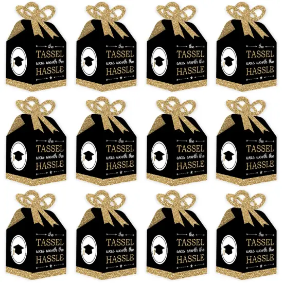 Big Dot of Happiness Tassel Worth The Hassle - Gold - Square Favor Gift Boxes - Graduation Party Bow Boxes - Set of 12 {6}