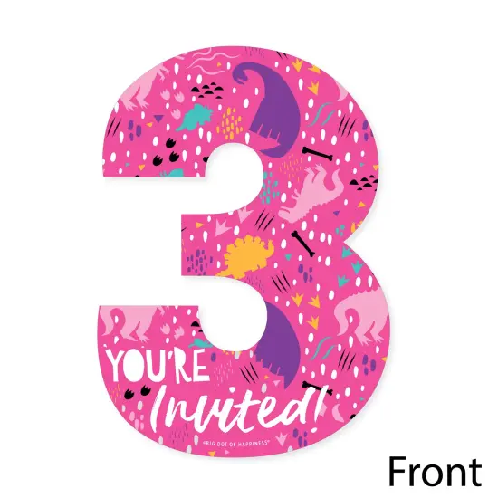 Big Dot of Happiness 3rd Birthday Roar Dinosaur Girl - Shaped Fill-In Three Rex Dino Third Birthday Party Invitation Cards with Envelopes - 12 Ct {4}