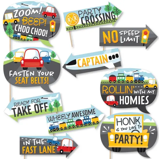 Big Dot of Happiness Funny Cars, Trains, and Airplanes - Transportation Birthday Party Photo Booth Props Kit - 10 Piece {1}