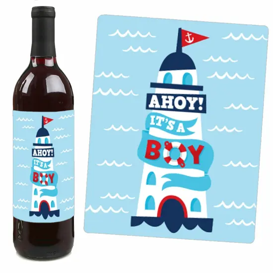 Big Dot of Happiness Ahoy It's a Boy - Nautical Baby Shower Decorations for Women and Men - Wine Bottle Label Stickers - Set of 4 {4}