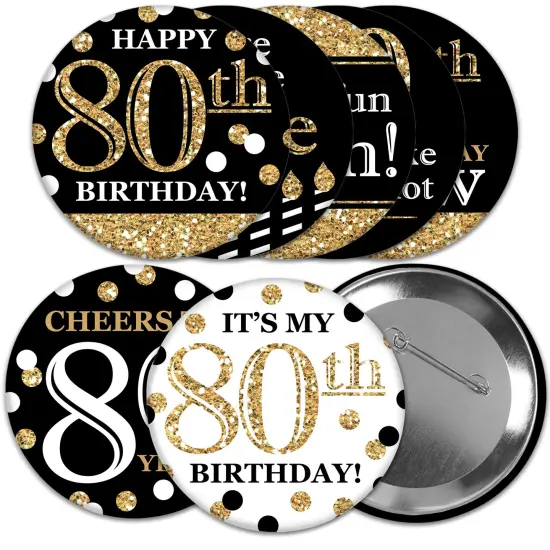 Big Dot of Happiness Adult 80th Birthday - Gold - 3 inch Birthday Party Badge - Pinback Buttons - Set of 8 {1}