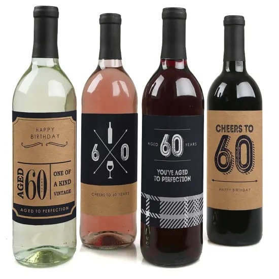 Big Dot of Happiness 60th Milestone Birthday Gift For Men - Wine Bottle Label Stickers - Set of 4 {1}