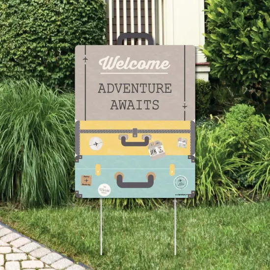 Big Dot of Happiness World Awaits - Party Decorations - Travel Themed Bridal Shower, Birthday or Retirement Party Welcome Yard Sign {1}