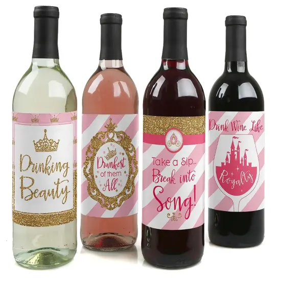 Big Dot of Happiness Little Princess Crown - Pink & Gold Baby Shower or Birthday Party Decor for Women and Men - Wine Bottle Label Stickers - Set of 4 {1}