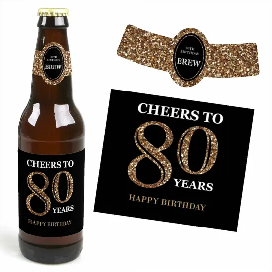 Big Dot of Happiness Adult 80th Birthday - Gold - Birthday Party Decorations for Women and Men - 6 Beer Bottle Label Stickers and 1 Carrier {4}