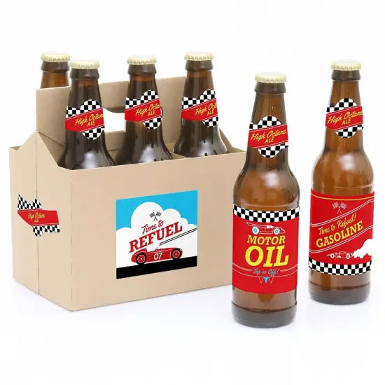 Big Dot of Happiness Let's Go Racing - Racecar - Race Car Birthday Party or Baby Shower Decorations - 6 Soda/Beer Bottle Label Stickers & 1 Carrier {1}