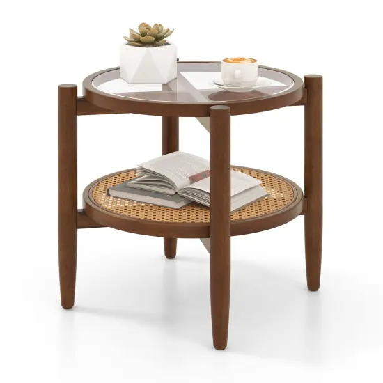 Rattan Round Side End Table With Tempered Glass Tabletop {3}