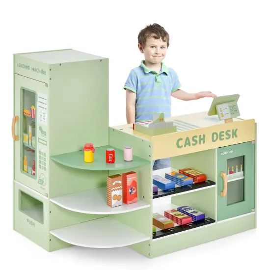 Kids Wooden Supermarket Play Toy Set With Checkout Counter-Green {3}
