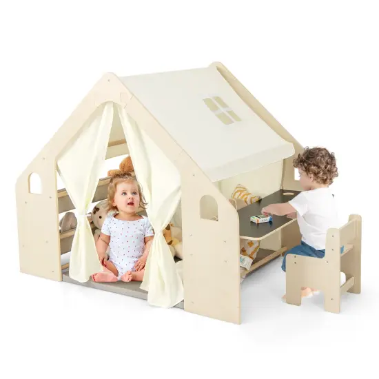 6-in-1 Kids Play Tent Playhouse With Blackboard 6 Storage Bins And Floor Cushion-beige {4}