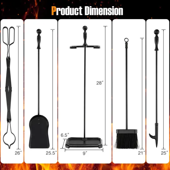 5-piece Fireplace Tool Set With Tong Brush Shovel Poker Stand-black {5}