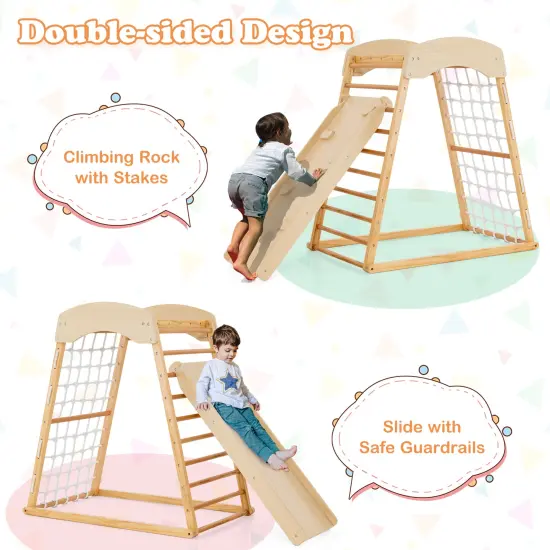 6-in-1 Jungle Gym Wooden Indoor Playground With Double-sided Ramp And Monkey Bars-natural {6}