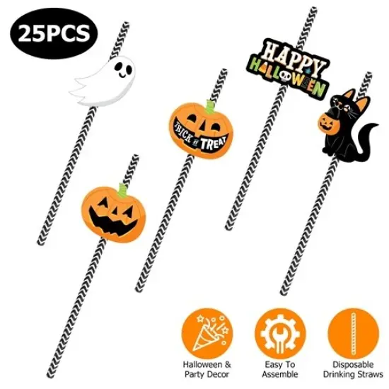 25 Pcs Halloween Party Striped Disposable Paper Decorative Straws | Halloween Party Supplies {1}