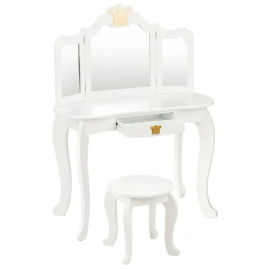 Kids Makeup Dressing Table with Tri-folding Mirror and Stool White {2}