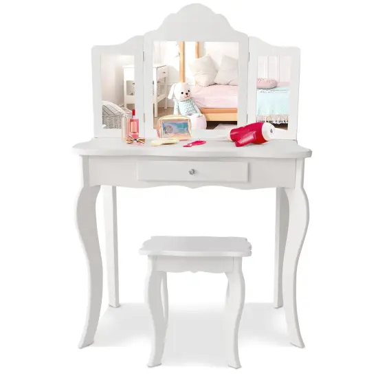 Kids Makeup Dressing Mirror Vanity Table Stool Set White {4}