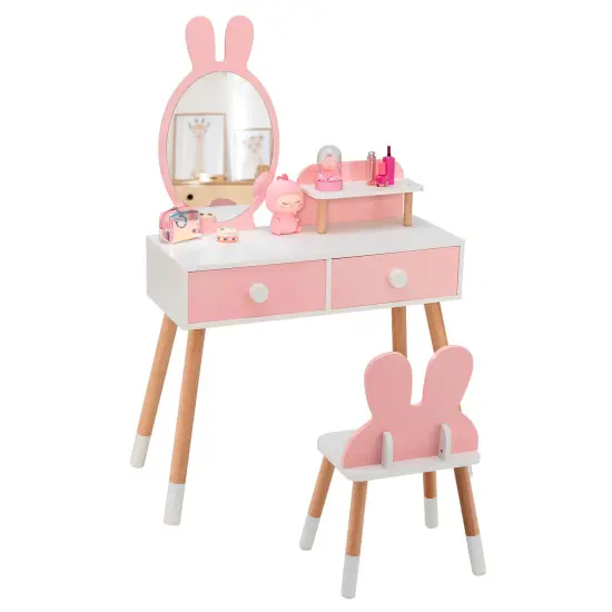 Kids Vanity Table and Chair Set with Drawer Shelf and Rabbit Mirror White {7}