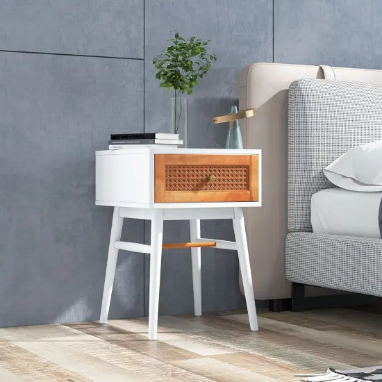 1-Drawer Modern Bedside Table with Solid Wood Legs White {2}