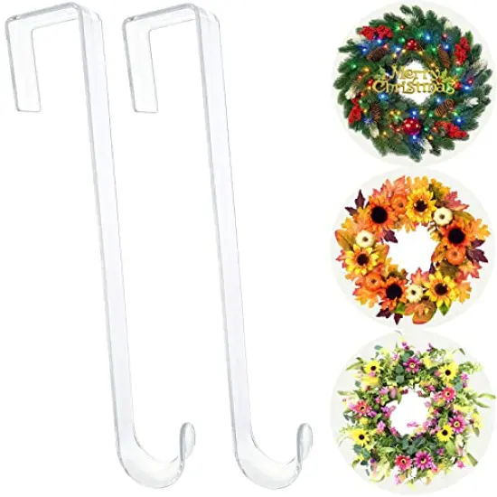 Wreath Hanger,12&rdquo; Clear Wreath Hooks for Front Door,2 Pack Over the Door Easter Christmas Decoration Hangers Fall Halloween Wreaths holder,Non Scratch Wreath Hangers for Front Door D&eacute;cor Welcome Sign {1}